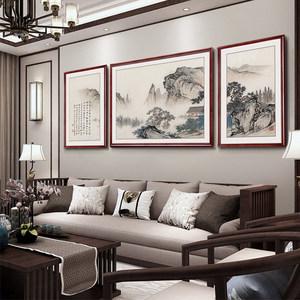 新中式沙发背景墙装饰画大气三联晶瓷壁画字画国画山水画客厅挂画