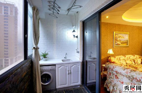 古典田园风格卧室阳台洗衣机柜洗手盆柜一体设计装修效果图