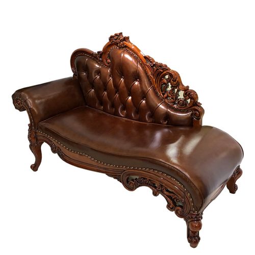 贵妃欧式床榻卧室棕色花红木雕实木美人真皮贵妃椅