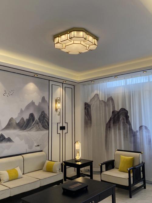 现代新中式全铜客厅吸顶灯正方形
