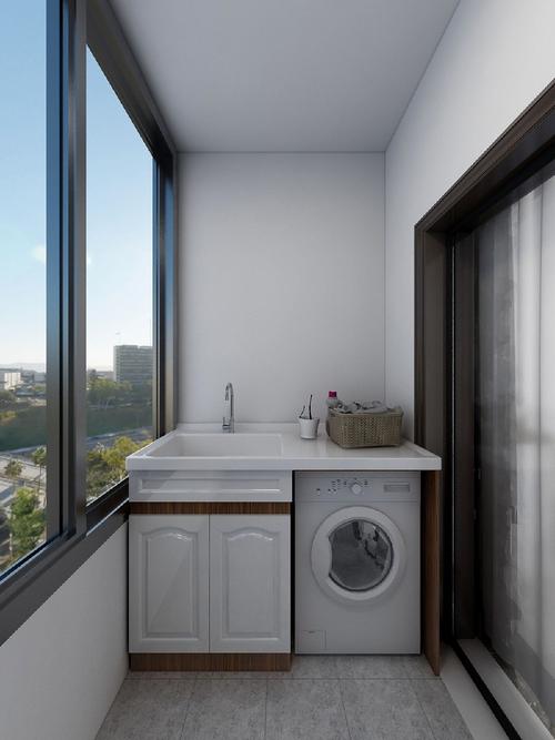 阳台设计了洗衣机和洗手盆让业主在生活中清洗衣物.