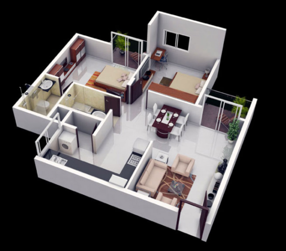 25个二居室户型装修3d布局效果图2