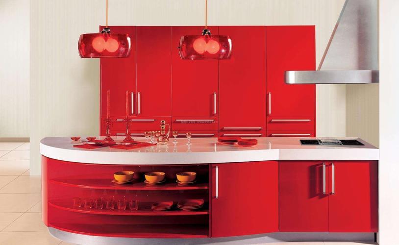 2022现代简洁开放式厨房酒红色橱柜装修图片装信通网效果图