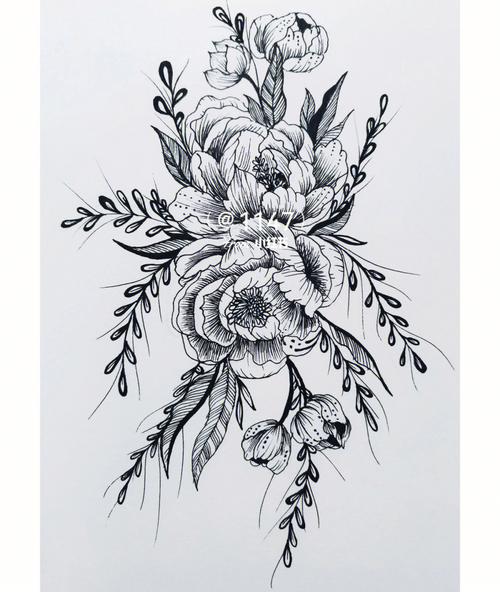黑白线描花卉类手绘针管笔