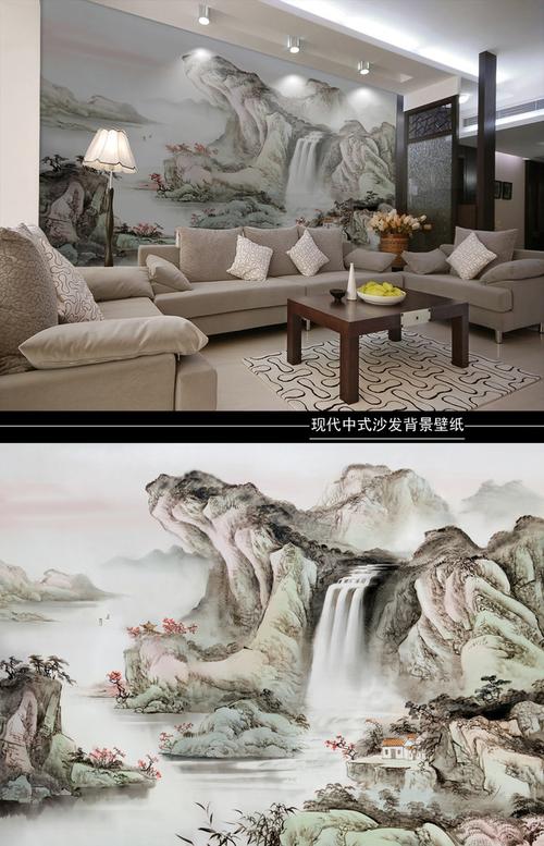 中式沙发背景墙山水画