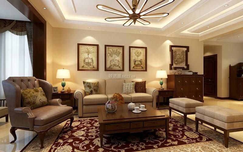 简美式风格110平二居室客厅沙发墙设计效果图