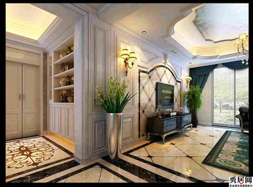美式风格客厅带角花拼花地砖地面装修效果图