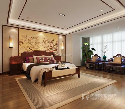 新中式风格600平双拼别墅卧室背景墙装修效果图