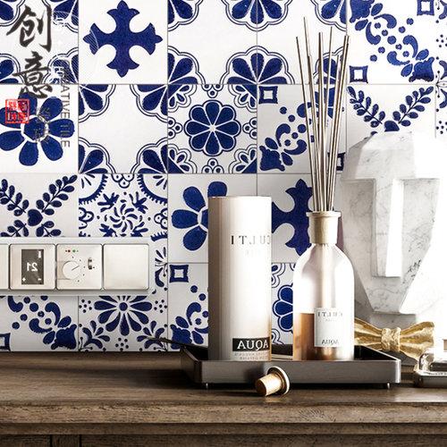 现代中式花片青花瓷地砖厨房卫生间瓷砖洗手间浴室厨卫小花砖x1007折