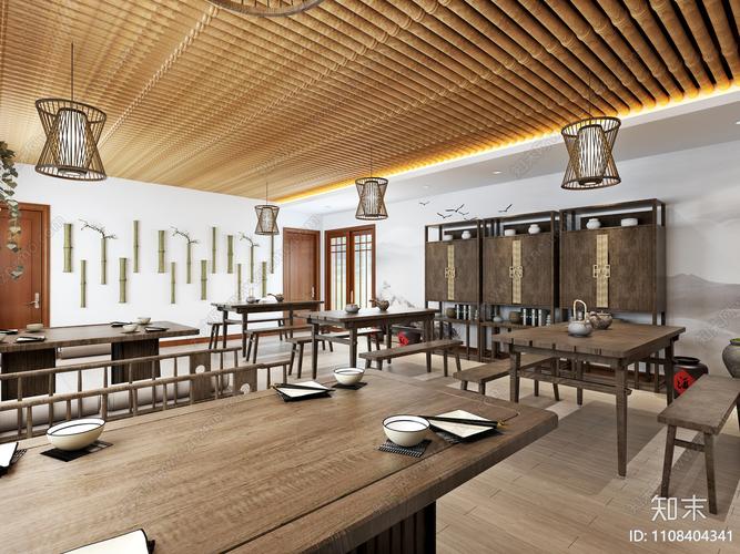 新中式民宿餐厅3d模型下载