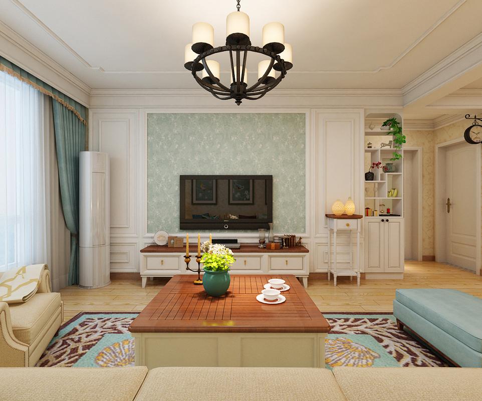 客厅电视墙用白色石膏板和壁纸进行装点搭配客厅的家具选择具有简美