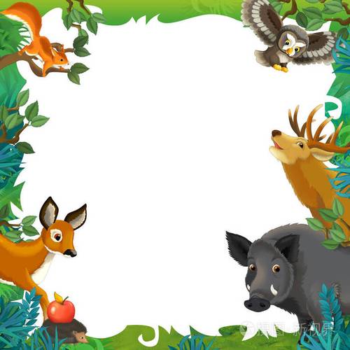 卡通场景与自然框架和动物野猪鹿松鼠猫头鹰刺猬儿童插图