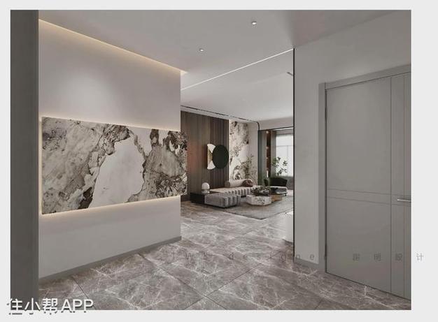 玄关设计理念客厅运用无主灯设计电视墙运用岩板材质搭配木饰面跟