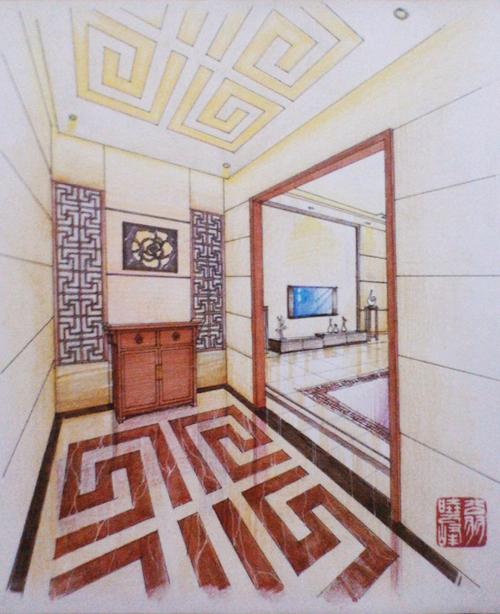 中式玄关手绘表现图|空间|室内设计|翁小峰