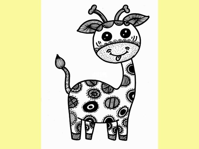 可爱的长颈鹿动物黑白线描画动物线描