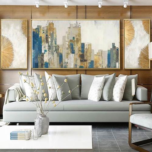 纯手绘l抽象油画现代美式挂画客厅沙发背景装饰画简美轻奢三联