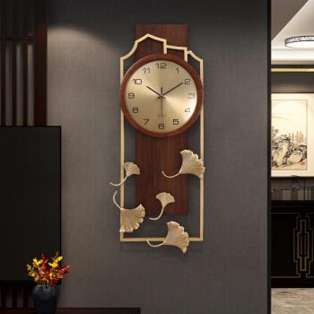 祝景银杏叶实木黄铜挂钟新中式客厅时尚挂表装饰时钟家用轻奢竖款钟表