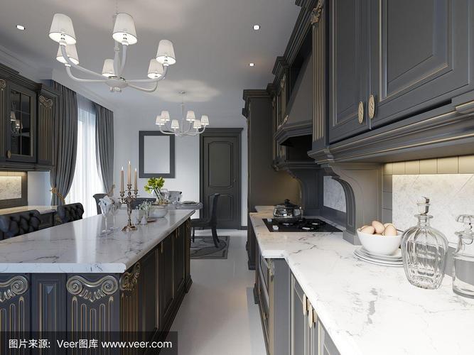 现代英式古典风格厨房室内设计与深色家具暗淡的外墙和大理石台面.