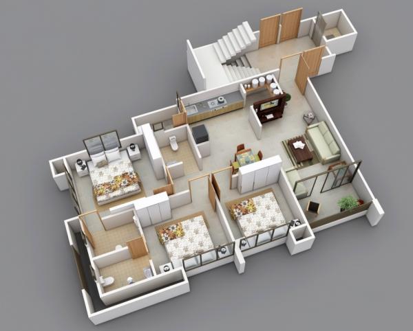 25个三居室户型装修3d布局效果图
