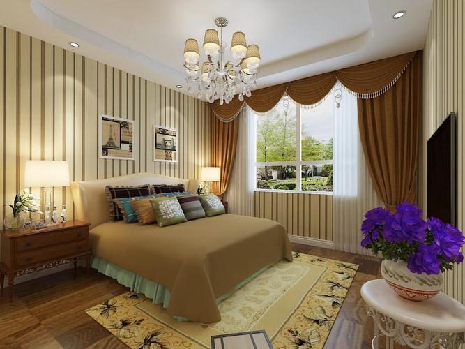 双人床吊灯地毯壁纸家具地中海地毯卧室壁纸温馨浪漫的卧室装修效果图