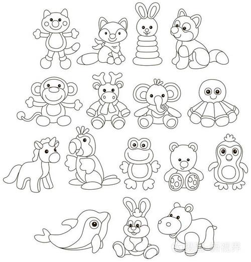 有趣的玩具动物黑白矢量插图的卡通风格的着色书