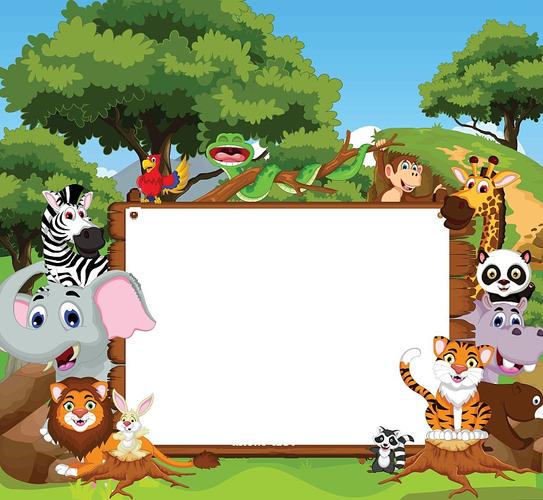 有趣的动物卡通与空白标志和森林背景图片