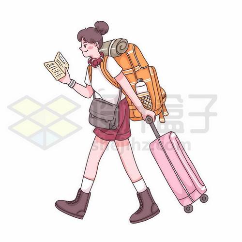 卡通女孩背包客拖着行李准备出去旅游手绘插画1627852矢
