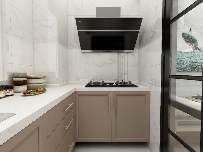 厨房墙面选用爵士白花色明亮整洁暖咖色橱柜面板搭配金属把手更显