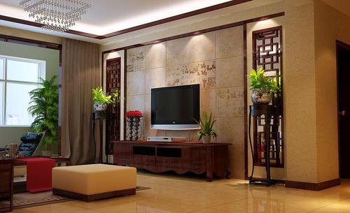 新中式三居室客厅背景墙装修效果图