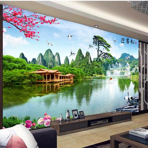 中式8d立体浮雕沙发客厅电视背景墙壁纸山水风景定制大型壁画墙布