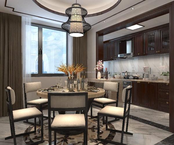 2022现代新中式别墅开放式厨房餐厅装修设计效果图